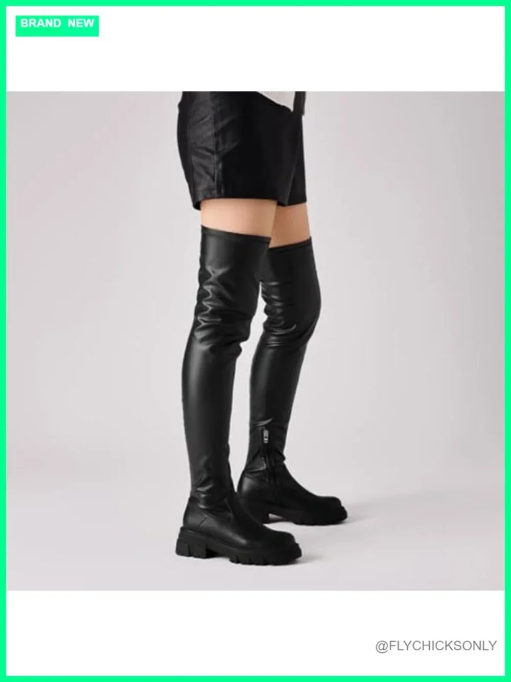 Thigh High Boots Platform Lug Sole Chunky Heels Stretchy Faux Leather Over The